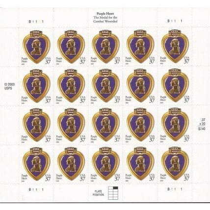 Purple Heart Sheet of Twenty Five 37 Cent Postage Stamp Scott 3784