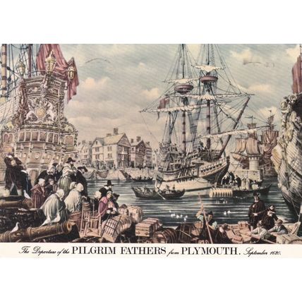 Denis Wreford Departure of the Pilgrim Fathers Postcard posted 1988 creased
