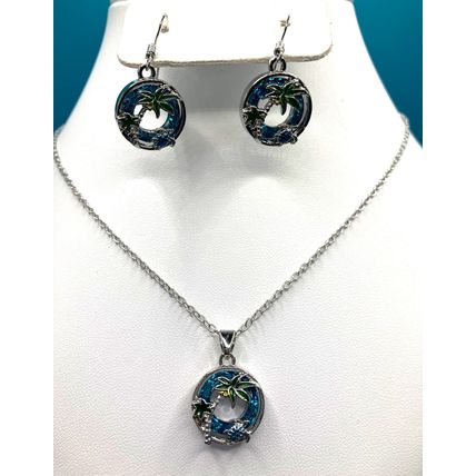 Sea Life Necklace Earring Set Sea Turtle Coconut Tree Blue Round #820