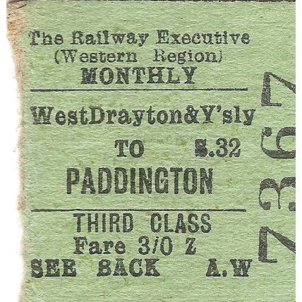 Railway Executive (WR) Edmondson Ticket - West Drayton & Yiewsley to Paddington