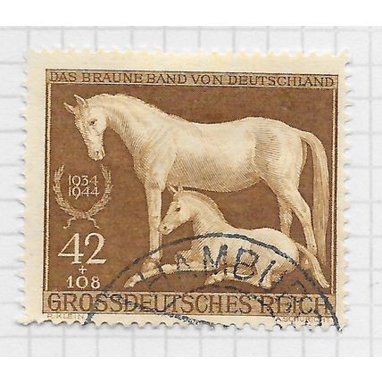 GERMANY 1943 BROWN RIBBON HORSE 3YO RACE MUNICH REIM FILLY FOAL 42Pf USED Mi 899