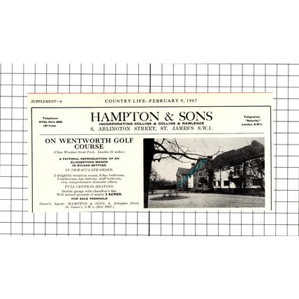 Wentworth Golf Course House Sale Advert - 1967 Cutting