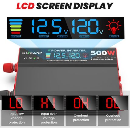 500 Watt Power Inverter 12V DC to 110V/120V AC Inverter with LCD Screen Display,