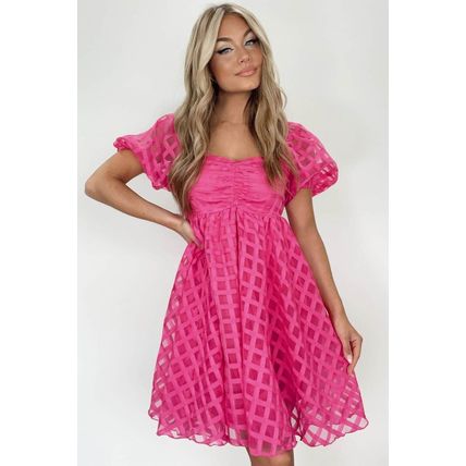 Strawberry Pink Checkered Puff Sleeve Babydoll Dress