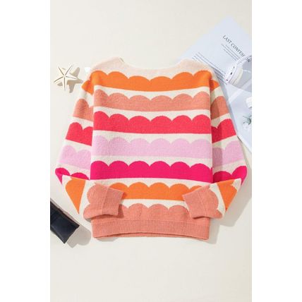 Rose Red Wave Striped Balloon Sleeve Drop Shoulder Sweater