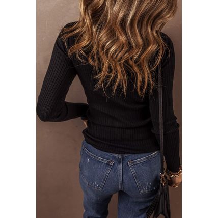 Black Ribbed Knit Collared Slim Fit Sweater Cardigan