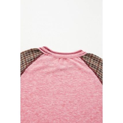Fushia Mixed Print Patchwork Raglan Ribbed Knit Top