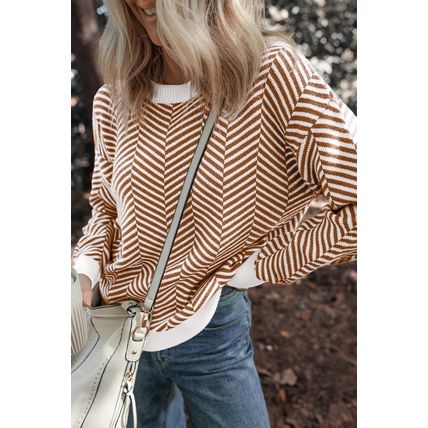 Coffee Contrast Edge Crew Neck Drop Shoulder Sweater