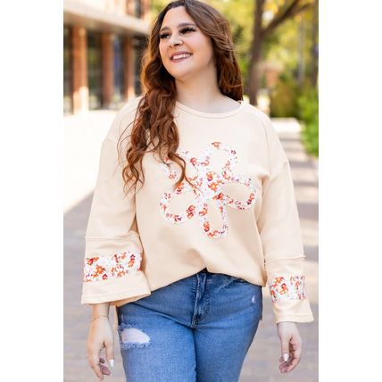Beige Plus Size Flower Patched Side Slits Crewneck Top