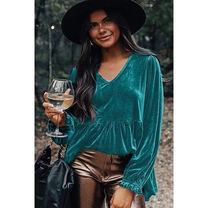 Sea Green Velvet V Neck Peplum Hem Puff Sleeve Blouse