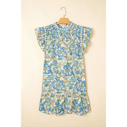 Spinach Green Botanical Floral Print Pleated Ruffle Detail Short Dress