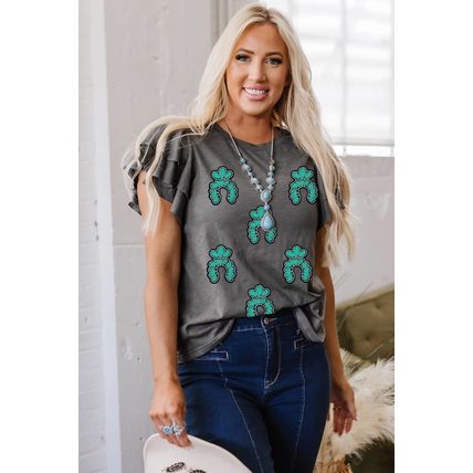 Dark Grey Sequin Turquoise Pattern Ruffle Sleeve Cowgirl Tee