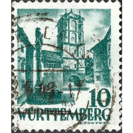 WURTTEMBERG, City Gate of Wangen, blue-green 1948, 10pf