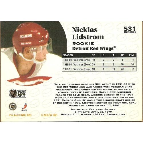 NHL Pro Set 1991 Hockey Trading Card #531 Nicklas Lidstrom #5 Detroit Red Wings