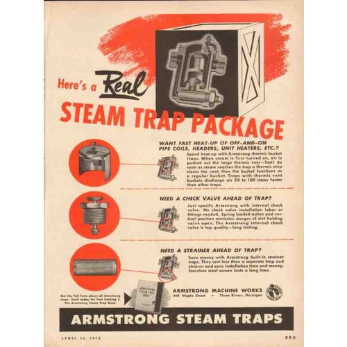 ARMSTRONG MACHINE WORKS 1954 real steam trap package oil vintage ad