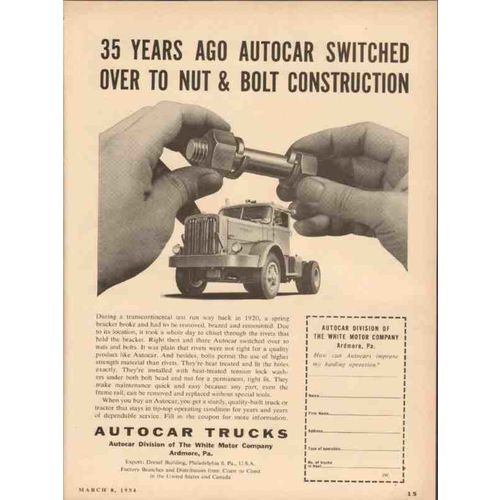 WHITE MOTOR COMPANY 1954 Autocar Trucks switched nut bolt vintage ad