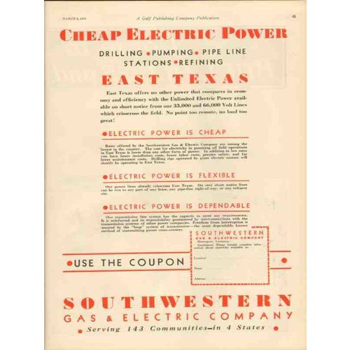 SOUTHWESTERN GAS ELECTRIC COMPANY 1931 Cheap Electric Power vintage ad