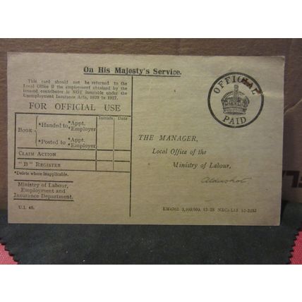 receipt for UNEMPLOYMENT BOOK, 1929 for W M J Edgoose, Aldershot =