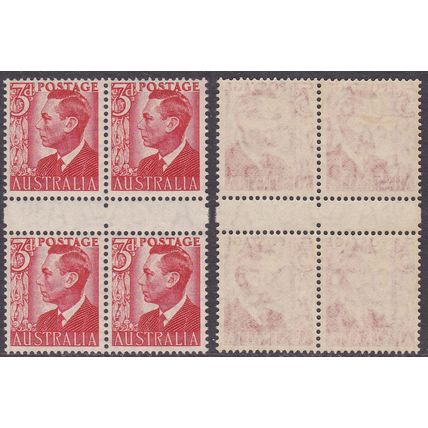 Australia 1950 KGVI 3d Red SG235 P14¾x14 BOOKLET GUTTER PANE of 4 - VFMNH
