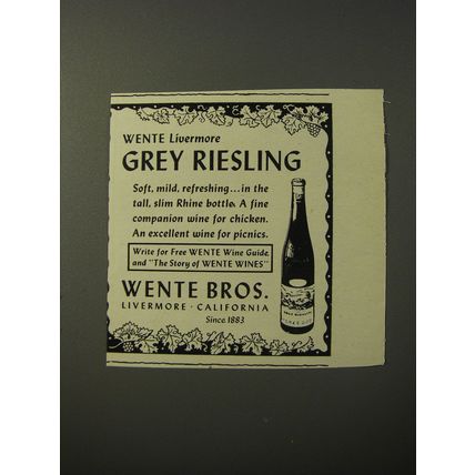 1953 Wente Bros. Livermore Grey Riesling Advertisement