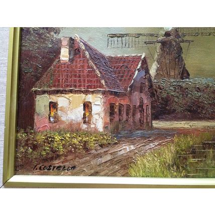 Stunning Vintage Original Framed Oil Painting By I. Costello Windmill & Cottage