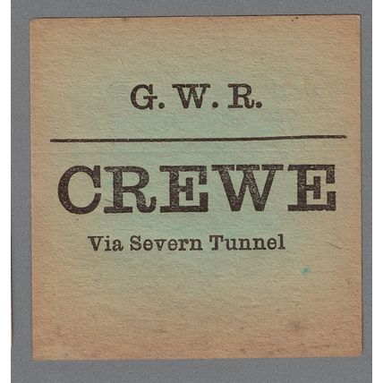 GREAT WESTERN RAILWAY LUGGAGE LABEL - CREWE (Caps, Green)
