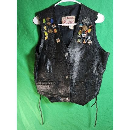 Vintage Leather Motorcycle Vest Harley Davidson Pins & Patches Black Size 42