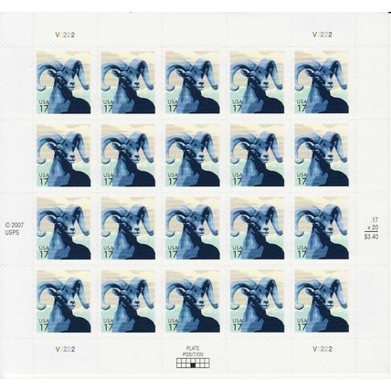 Bighorn Sheep Sheet of Twenty 17 Cent Postage Stamps Scott 4138