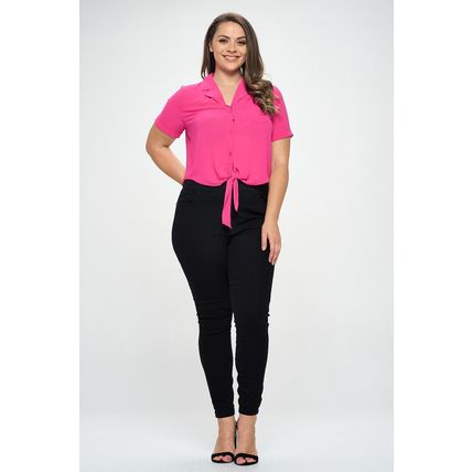Plus Solid Chiffon Button Down Tie Front Short Sleeve Top