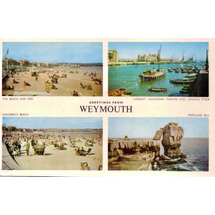 Postcard Weymouth multiview. Lifeboat, Alexandra Theatre, Children’s beach