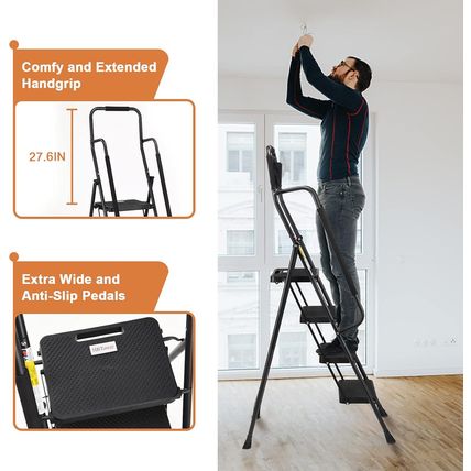 Hbtower Step Ladder with Handrails, Folding Step Stool with Attachable Tool Bag