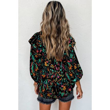 Multicolour Abstract Print 3/4 Puff Sleeve Ruffle Blouse