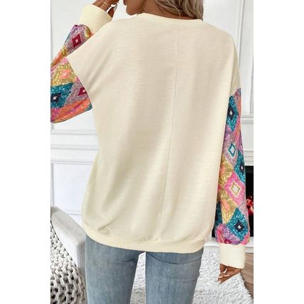 Apricot Geometric Printed Patchwork Long Sleeve Round Neck Top