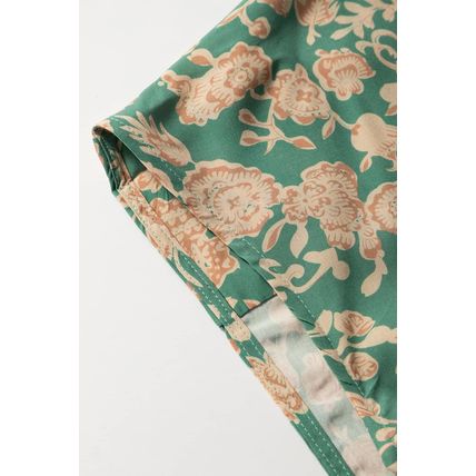 Green Floral Print Pleated Buttoned V Neck Short Sleeve Blouse