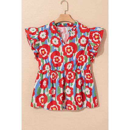 Red Plus Size Floral Print Ruffle Trim Split Neck Peplum Top