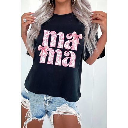 Black Floral Bow Mama Graphic Crewneck Tee