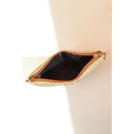 Beige Bow Pearl Decor Straw PU Leather Patched Crossbody Bag