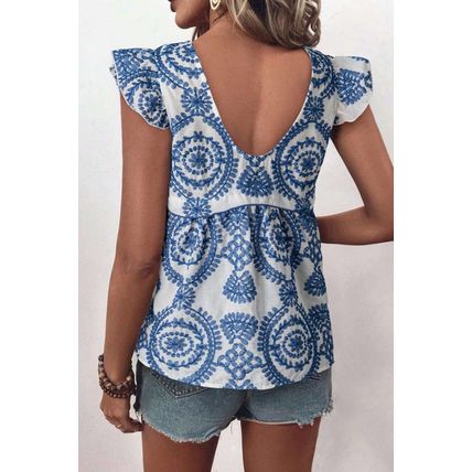 Blue Boho Print Flutter Sleeve Crew Neck Blouse