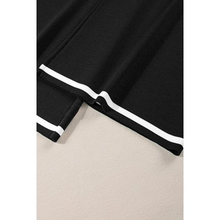 Black Contrast Trim Half Sleeve Top Drawstring Pants Loose 2pcs Sweater Suit