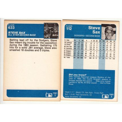 Two 1984 Fleer Steve Sax baseball cards #112, #633