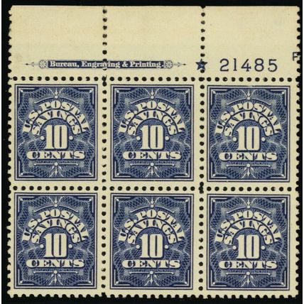 PS6, Mint 10¢ VF LH Top Plate Block of Six Stamps Cat $85.00 - Stuart Katz