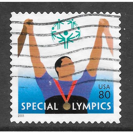 USA 2003 SPECIAL OLYMPICS 80c USED MEDAL HANGING ON ATHLETE HOLDING HANDS HIGH