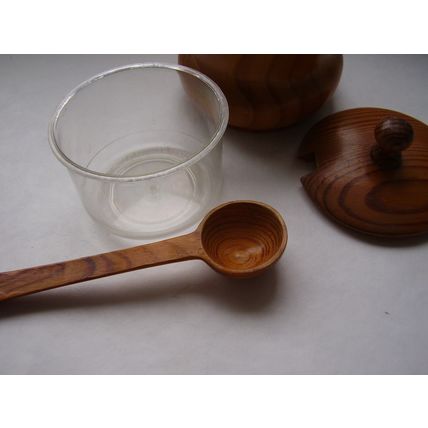 Treen Preserve Pot Turned Wood Jam Honey Storage Jar Plastic Liner with Spoon Vi