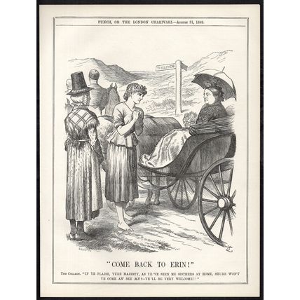 COME BACK TO ERIN! 1889 Sir John Tenniel - Queen Victoria PUNCH CARTOON PAGE