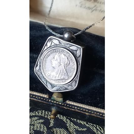 Antique Vintage Victorian 1891 Silver Queen Victoria Coin Pendant 18 inch Chain