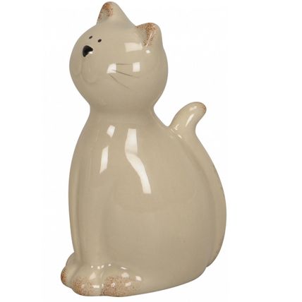 Smiling Cat Ornament Light Beige Glazed Ceramic Feline Figurine Height 12 cm