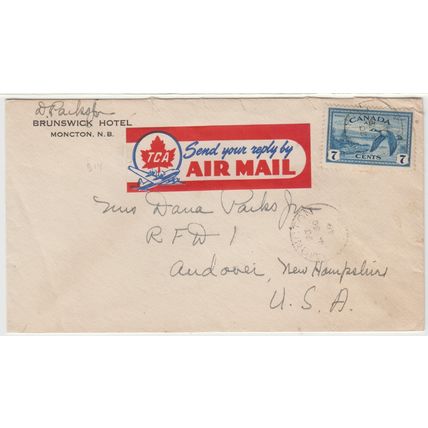 AIR MAIL etiquette on cover - - TCA - Moncton, N.B. 1949