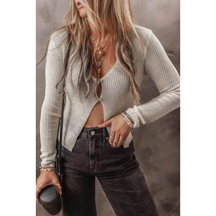 Parchment Slim Fit Buttoned V Neck Knit Cardigan