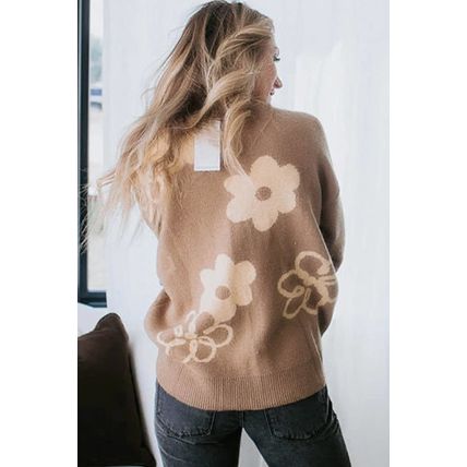 Camel Floral Drop Shoulder Ribbed Trim Sweater