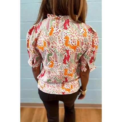 Pink Floral Print Button Frilled Short Sleeve Blouse